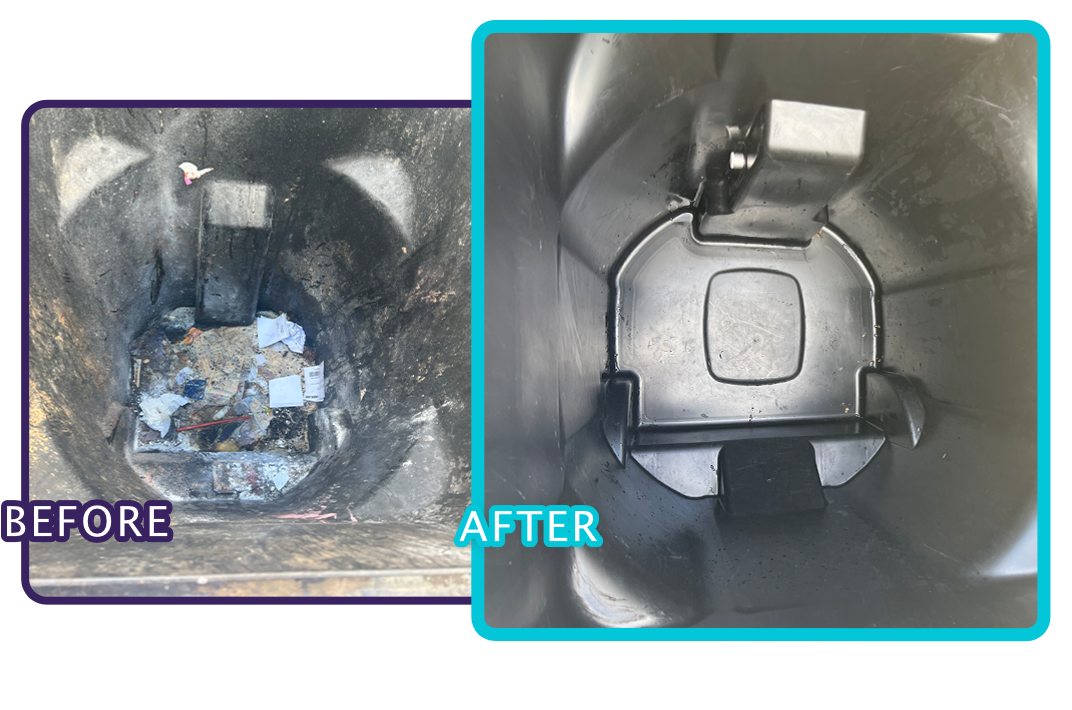 Before and after cleaned trash bin interior